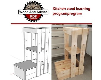 Puede incluir: Un dibujo de línea y una fotografía de un taburete de cocina de madera con dos estantes. El taburete está hecho de madera natural y tiene un diseño sencillo. El texto "Wood And Advice PDF Downloads" es visible en la imagen.