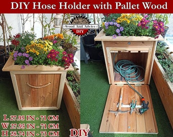 DIY Hose Holder with Pallet Wood Planter,Build a unique DIY file, a garden planter, a DIY plan for a garden planter for an irrigation pipe,