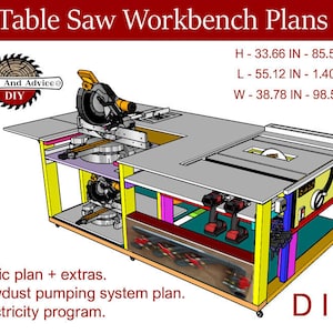 May include: A detailed illustration of a table saw workbench with a miter saw, a sawdust pumping system, and an electrical program. The workbench is made of wood and has a yellow, red, and blue color scheme. The dimensions of the workbench are: H - 33.66 in - 85.5 cm, L - 55.12 in - 1.40 m, W - 38.78 in - 98.5 cm. The text "DIY" is written in large letters at the bottom right corner of the image.