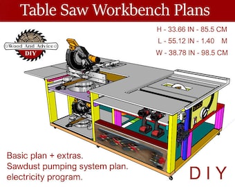 May include: A detailed illustration of a table saw workbench with a miter saw, a sawdust pumping system, and an electrical program. The workbench is made of wood and has a yellow, red, and blue colour scheme. The dimensions of the workbench are: H - 33.66 in - 85.5 cm, L - 55.12 in - 1.40 m, W - 38.78 in - 98.5 cm. The text "DIY" is written in large letters at the bottom right corner of the image.