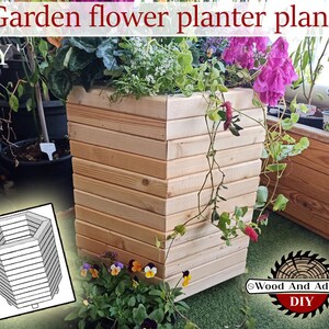 May include: DIY garden flower planter plan with a wooden hexagonal planter. The planter is made of natural wood and has a simple design. The image also shows a saw blade logo with the text "Wood And Advice DIY".