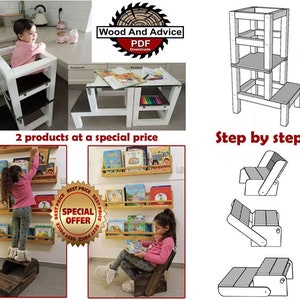 May include: Two DIY woodworking plans for a learning tower and a step stool. The plans include step-by-step instructions and diagrams. The plans are available as a PDF download. Wood And Advice PDF Downloads.