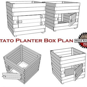 May include: Diagram showing how to build a potato planter box with a hinged door for easy access. The plan includes three different views of the box.