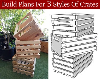 Puede incluir: Planos de construcción para tres estilos de cajas de madera. Los planos muestran cómo construir una caja con asa, una caja con tapa simple y una caja con tapa de listones. Los planos están dibujados en blanco y negro.