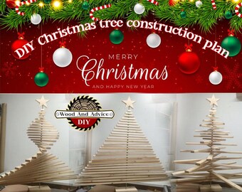 May include: DIY Christmas tree construction plan with a festive red and green background. The image shows three wooden Christmas trees made from slats of wood. The trees are arranged in a row on a wooden surface. The text "Wood And Advice DIY" is visible in a circular logo.
