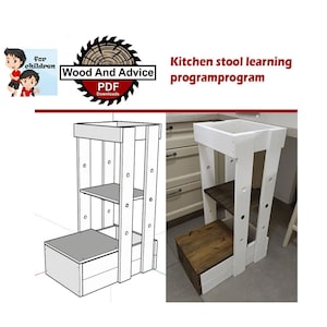 May include: A white wooden learning tower with two shelves and a step. The tower is designed for children to help them reach higher surfaces in the kitchen. The tower is shown in a 3D drawing and a real-life photo.