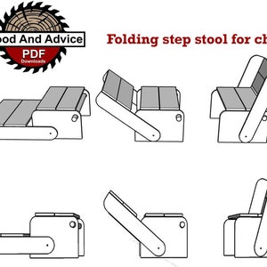 Puede incluir: Ilustración de dibujo de línea de un taburete plegable para una silla. El taburete se muestra en cinco posiciones diferentes, mostrando cómo se pliega y se despliega.