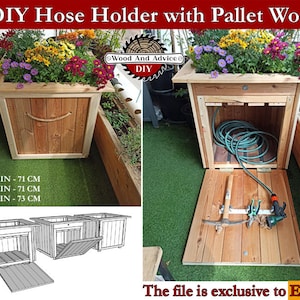 Puede incluir: Proyecto de bricolaje para un soporte de manguera hecho de madera de palet. El soporte es una jardinera con una tapa con bisagras que se abre para revelar un compartimento para guardar una manguera de jardín y herramientas. Las dimensiones son 71 cm de ancho, 71 cm de profundidad y 73 cm de alto.