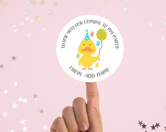 Personalised Cute Duck Birthday Stickers - Thank You For Coming To My Party, Party Bag Favour, Sweet Cone