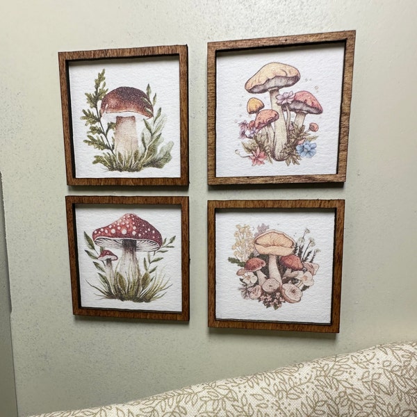 Miniature Mushroom Art | Dollhouse Vintage Mushroom Decor | Dollhouse Mushroom Watercolors | Miniature Cottage core Dollhouse Decor