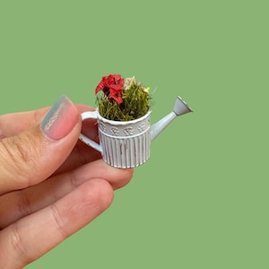 Miniature Watering Can with Flowers | 1:12 Scale Dollhouse Garden Decor | Tiny Floral Arrangement