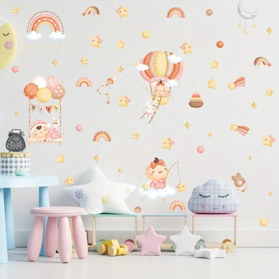 Rainbow Girl Air Balloon Star Moon Wall Decals Stickers for Bedroom ...