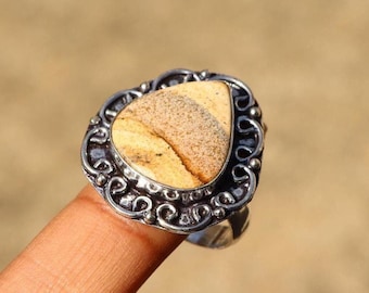 Natuurlijke foto jaspis ring/8 Amerikaanse maat verzilverde ring/foto jaspis edelsteen ring/grote jaspis ring/jaspis steen handgemaakte ring