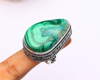 Vintage Malachite Ring/ 6 3/4 US Size Ring/ Big Malachite Ring/ Silver Plated Handmade Ring/ Original Malachite Ring/ Large Malachite Ring