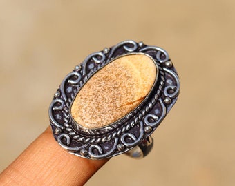 Stunning Fossil Coral Ring/ Coral Gemstone Ring/ 7 US Size Statement Ring / Big Coral Ring/ 925 Silver Plated Ring/ Fossil Coral Jewelry