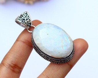 Gorgeous Rainbow Moonstone Pendant/ Vintage Moonstone Pendant/ Moonstone Necklace/ Silver Plated Pendant/ Chunky Moonstone Pendant/Moonstone