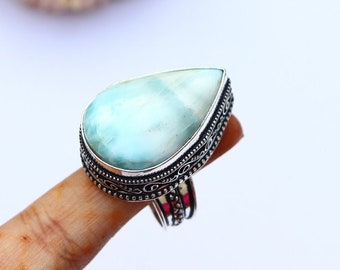 Stunning Larimar Ring/ 10 US Size Ring/ Larimar Vintage Ring/ Silver Plated Handmade Ring/ Large Larimar Ring/ Big Larimar Ring/ Big Ring