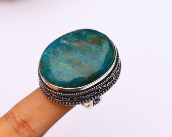 Beautiful Neon Blue Apatite Ring/ 7 US Size Ring/ Big Neon Apatite Ring/ Silver Plated Handmade Ring/ Original Apatite Ring/ Large Apatite!