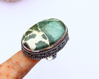 Green Zebra Jasper Ring/ 7 US Size Ring/ Big Zebra Jasper Ring/ Silver Plated Handmade Ring/ Vintage Jasper Ring/ Vintage Zebra Jasper Ring