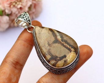 Yellow Septarian Pendant/ Vintage Pendant/ Yellow Septarian Necklace/ Silver Plated Pendant/ Septarian Necklace/ Chunky Septarian Pendant