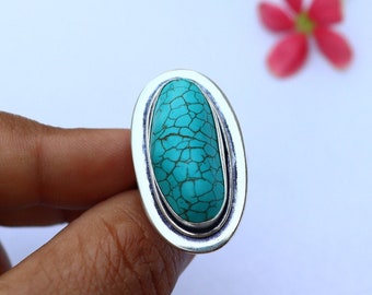 Turquoise Gemstone Ring/ 7 US Ring/ Adjustable Ring/ Large Turquoise Ring/ Silver Plated Ring/ Turquoise Statement Ring/ Big Turquoise Ring