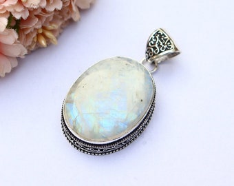 Gorgeous Rainbow Moonstone Pendant/ Vintage Moonstone Pendant/ Moonstone Necklace/ Silver Plated Pendant/ Chunky Moonstone Pendant/Moonstone