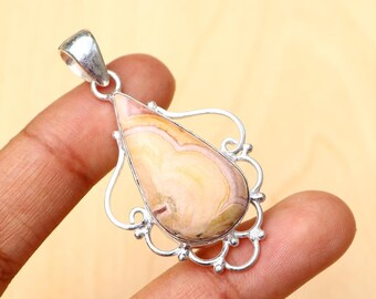 Pingente de Rodocrosita/Colar de Rodocrosita/Pingente de Pedra Preciosa/Pingente Banhado a Prata 925/Pingente de Declaração de Rodocrosita/Rodocrosita