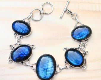 Blue Fire Labradorite Bracelet/ Labradorite Statement Bracelet/ Silver Plated Bracelet/ Labradorite Gemstone Bracelet/ Labradorite Jewelry