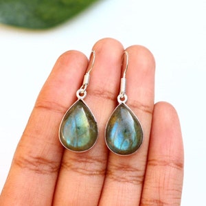 Natural Labradorite Earrings/ Teardrop Labradorite Earrings/ Handmade Silver Plated Earrings/ Dainty Earrings/ Labradorite Dangle Earrings