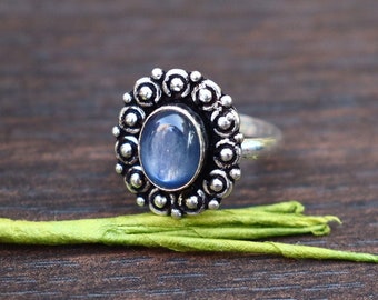 Gorgeous Kyanite Ring/ 6 US Silver Plated Ring/ Kyanite Gemstone Ring/ Smooth Cabochon Kyanite Ring/ Designer Oval Kyanite Ring!