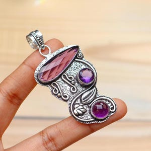 Natural Amethyst Pendant/ Silver Plated Pendant/ Amethyst Necklace/ Amethyst Statement Pendant/ Purple Amethyst Jewelry/ Multi Stone Pendant