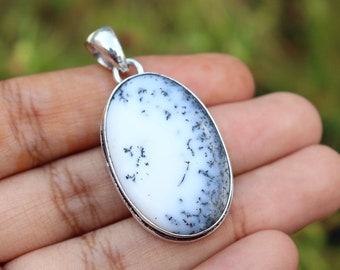 Oval Shape Dendritic Opal Pendant/ Silver Plated Pendant/ Large Dendritic Opal Pendant/ Big Dendritic Pendant/ Simple Dendritic Opal Pendant