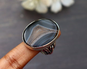 Botswana Agate Ring/ 6 US Size Statement Ring/ Botswana Agate Ring/ Big Agate Ring/ Chunky Agate Ring/ Silver Plated Ring/ Large Agate Ring