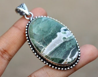 Green Zebra Jasper Pendant/ Natural Zebra Jasper Pendant/ Silver Plated Pendant/ Green Jasper Pendant/ Designer Jewelry/ Serpentine Pendant