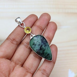 Natural Ruby Zoisite Pendant/ Silver Plated Pendant/ Citrine Quartz Pendant/ Large Zoisite Pendant/ Zoisite Jewelry/ Citrine Quartz Jewelry!