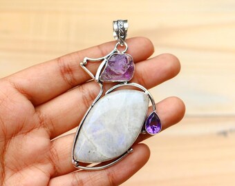 Natural Moonstone and Amethyst Pendant/ Moonstone Pendant Necklace/ 925 Silver Plated Pendant/ Moonstone Necklace/ Amethyst Pendant Jewelry