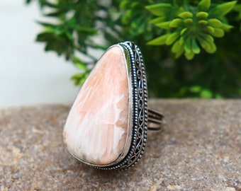 Pink Scolecite Ring/ 7 US Size Silver Plated Ring/ Big Scolecite Ring/ Vintage Pink Scolecite Ring/ Teardrop Scolecite Ring/ Large Scolecite