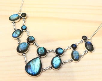 Stunning Labradorite Necklace/ Labradorite Statement Necklace/ Labradorite Bib Necklace/ 925 Silver Plated/ Labradorite Cluster Necklace