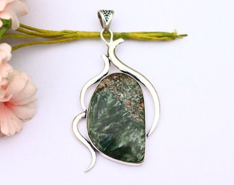 Seraphinite Pendant/ Seraphinite Necklace/ Green Seraphinite Pendant/ Silver Plated Pendant/ Large Seraphinite Pendant/ Big Seraphinite