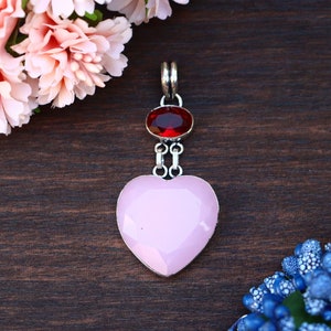 Natural Heart Shape Rose Quartz, Red Hydro Glass Pendant, Original Rose Quartz Silver Plated Handmade Pendant Multi-Gemstone Pendant image 1