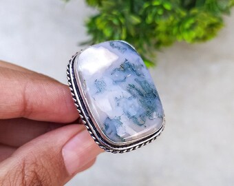 Adjustable Moss Agate Ring/ Moss Agate Gemstone Ring/ 8 US Size/ Moss Agate Statement Ring/ Green Moss Agate Ring/ Big Moss Agate Ring!