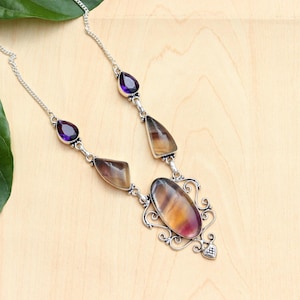 Stunning Fluorite Gemstone and Amethyst Gemstone Necklace/ 925 Silver Plated Necklace/ Fluorite Statement Necklace/ Fluorite Necklace/ Gift