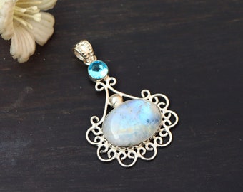 Natural Moonstone Pendant/ Blue Topaz Pendant/ Silver Plated Pendant/ Chunky Moonstone Necklace/ Blue Topaz Necklace/ Moonstone Jewelry