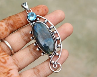 Blue Fire Labradorite and Blue Topaz Pendant | Original Gemstone | Handmade Silver Plated Pendant | Labradorite Pendant | Designer Jewelry!