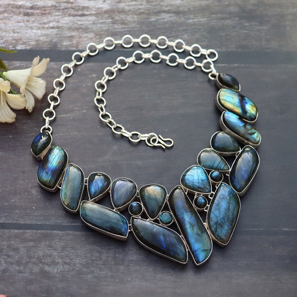 Stunning Labradorite and Blue Topaz Necklace/ Labradorite Necklace/ Labradorite Bib Necklace/ Silver Plated Necklace/ Blue Topaz Necklace