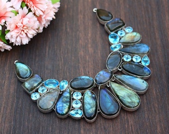 Stunning Labradorite and Blue Topaz Necklace/ Labradorite Necklace/ Labradorite Bib Necklace/ Silver Plated Necklace/ Blue Topaz Necklace