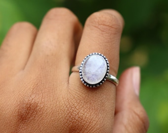 Gorgeous Moonstone Ring/ 7 3/4 US Size Ring/ Silver Plated Handcrafted Ring/ Stacking Ring/ Blue Fire Moonstone/ Oval Shape Moonstone Ring!