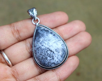 Teardrop Shape Dendritic Opal Pendant/ Silver Plated Pendant/ Large Dendritic Opal Pendant/ Big Dendritic Pendant/ Natural Gemstone Pendant