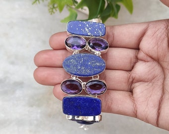 Fashion Bracelet Made With Lapis Lazuli Gemstone and Amethyst Gemstone, Handmade Silver Plated Bracelet