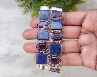 Fashion Bracelet Made With Lapis Lazuli Gemstone and Amethyst Gemstone, Handmade Silver Plated Bracelet